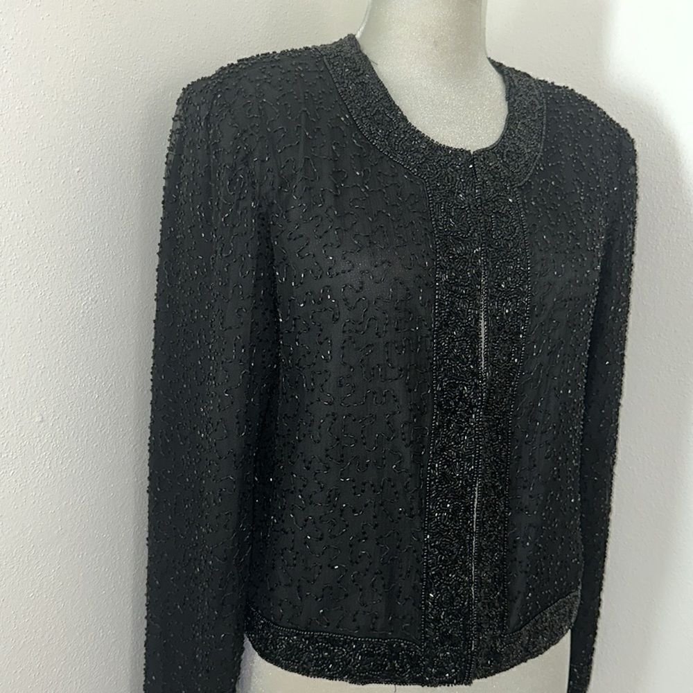 Laurence Kazar Paris New York black 100% silk beaded jacket cocktail medium m
